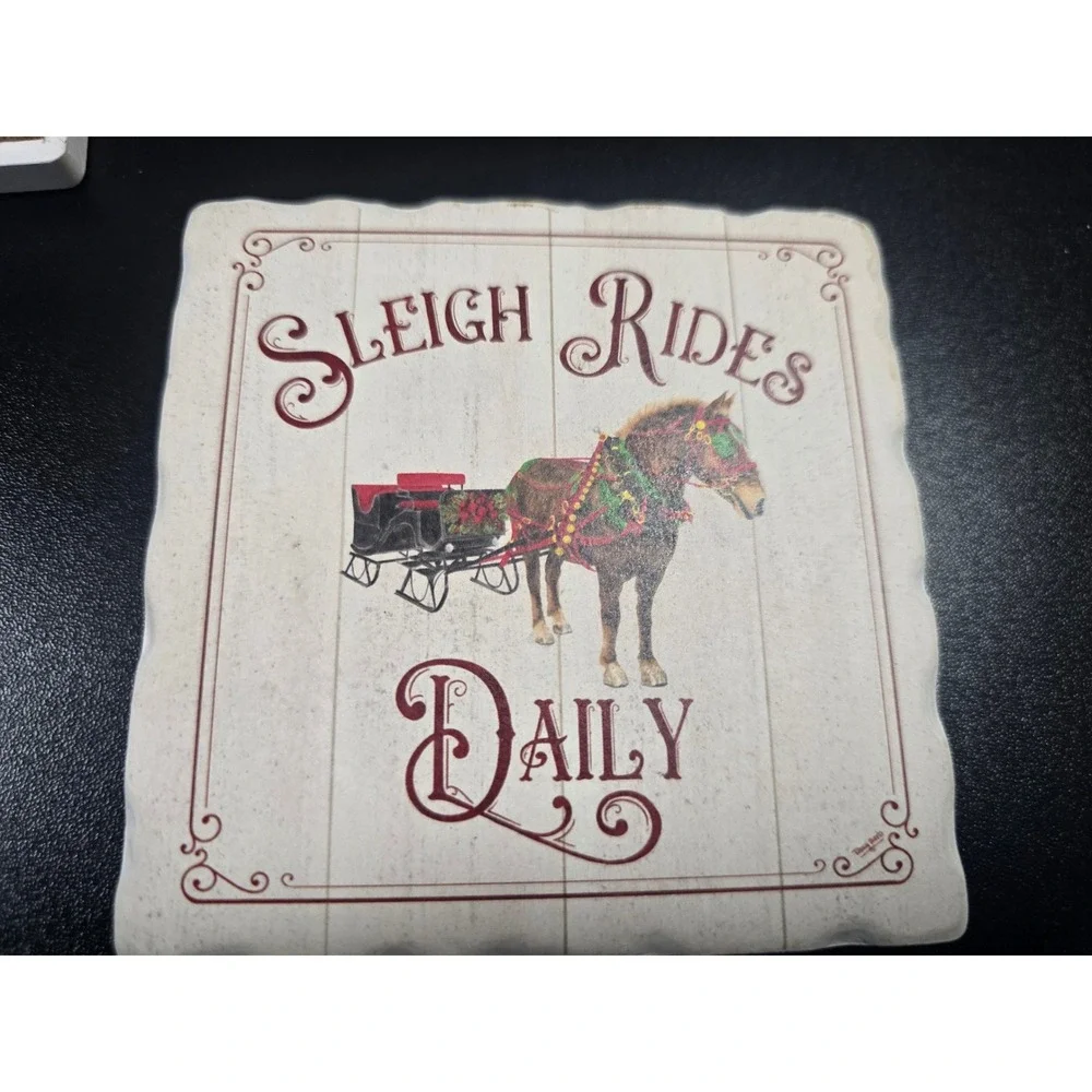 Christmas Tree Shops Stone Coaster Set of 5 Holiday Gingerbread Wagon Sleigh 4in